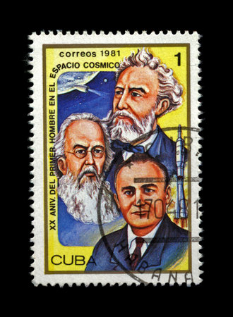 CUBA - CIRCA 1981. cancelled stamp printed in CUBA, shows famous scientist Sergey Korolyov, Konstantin Tsiolkovsky, Friedrich Zander, space shuttle, circa 1981. 20th anniversary of first space rocket flight. vintage post stamp on black background.のeditorial素材