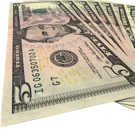 pile of money (american us dollars savings) isolated on white background. Fan of five dollar...