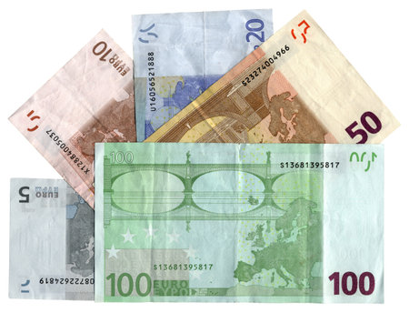pile of different grunge  grungy  colorful money  savings in 5, 10, 20, 50, 100 euros banknotes  isolated on white background  Back side of banknotes  Success in business - future in your hands  Wages, credit, debt, investment, bank business depends on moのeditorial素材