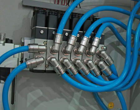 blue wires heap in metal box, connection pile