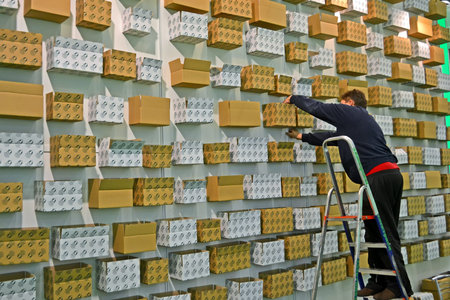 KIEV, UKRAINE - NOV 01: Man fix the cardboard box on the wall during Animal Farming Ukraine 2012...