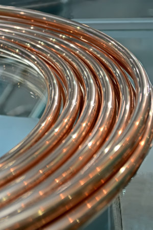focus on center. copper cable bulk on the glass, modern industry details