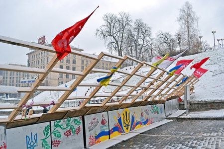 KIEV - DEC 06  Barricade on Euro maidan meeting in Kiev on December 06, 2013  Meeting devoted to declining of Ukraine for integration to the European Union のeditorial素材