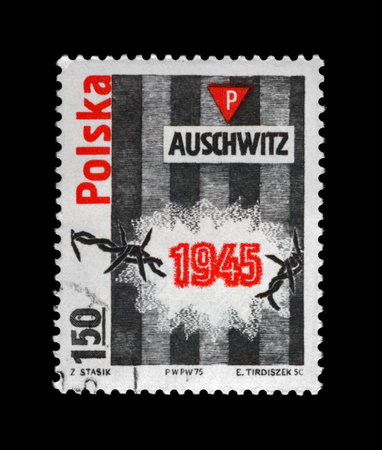 Auschwitz concentration camp liberation, vintage cancelled stamp printed in Poland, CIRCA 1975のeditorial素材