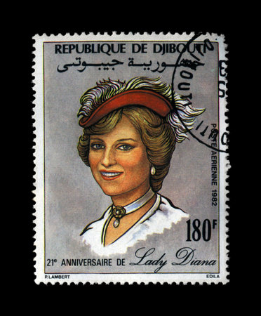 DJIBOUTI - CIRCA 1982: cancelled stamp printed in Republique de Djibouti shows Lady Diana, Princess Of Wales, circa 1982. vintage post stamp isolated on black background.のeditorial素材