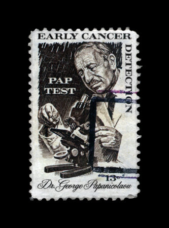 USA - CIRCA 1978: cancelled stamp printed in United States shows Greek pioneer in cytopathology and early cancer detection Georgios Papanikolaou (1883-1962), circa 1978. vintage post stamp on black background.のeditorial素材