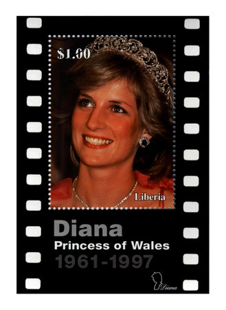 princess Diana, cancelled stamp printed in Liberia dedicated to the memory of princess Diana. LIBERIA - CIRCA 1997. vintage post stamp isolated on white background.のeditorial素材
