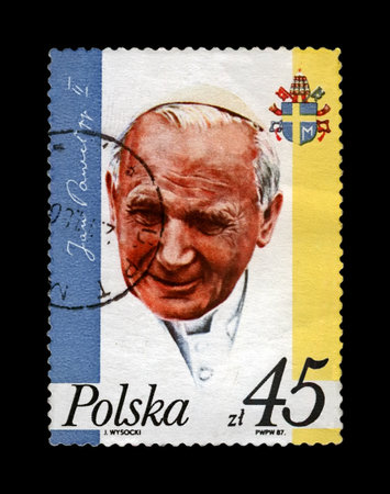 POLAND - CIRCA 1993: canceled stamp printed in Poland shows famous religion leader Pope John Paul II, 15th anniversary of election, circa 1993.のeditorial素材