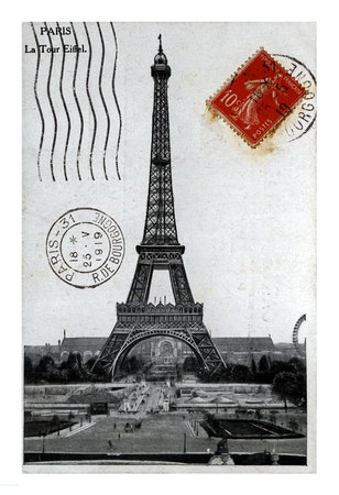 PARIS, FRANCE - CIRCA 1919: vintage canceled postcard printed in France shows Eifel tower, circa 1919.のeditorial素材