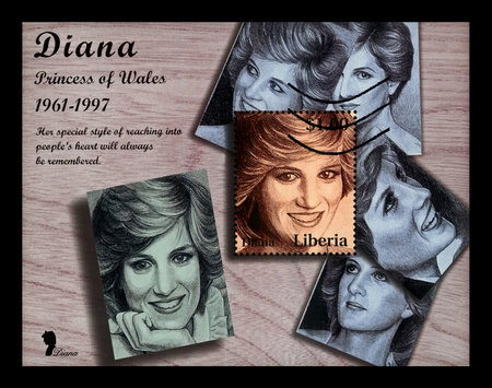 LIBERIA - CIRCA 1997: canceled stamp printed in Liberia dedicated to the memory of princess Diana, circa 1997. vintage post stamp isolated on black background.のeditorial素材