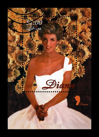 LIBERIA - CIRCA 1997: canceled stamp printed in Liberia dedicated to the memory of princess Diana, circa 1997. vintage post stamp isolated on black background.のeditorial素材