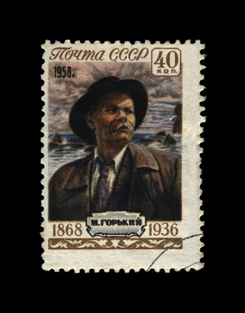 Maxim Gorky aka Alexei Maximovich Peshkov (1868-1936), famous Russian writer, dramatist, politician, USSR (Soviet Union), circa 1958. canceled vintage postal stamp isolated on black background.のeditorial素材
