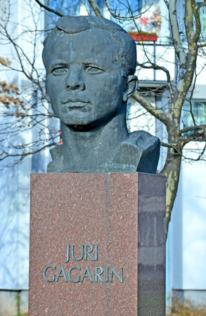 Yury Gagarin, first cosmonaut, monument on December 29, 2017 in Erfurt, Germany on Yuri-Gagarin-ring.のeditorial素材