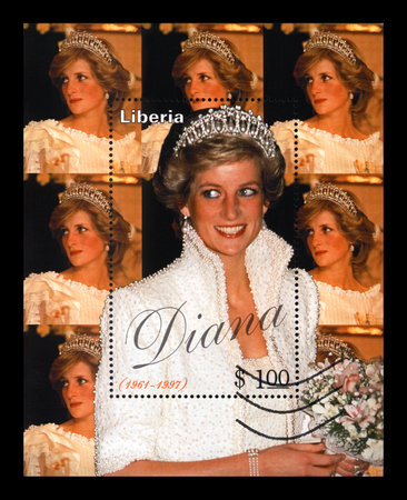 princess Diana smiling, Liberia, circa 1997. vintage canceled postal stamp printed in Liberia dedicated to the memory of Lady Diana Spencer isolated on black background.のeditorial素材