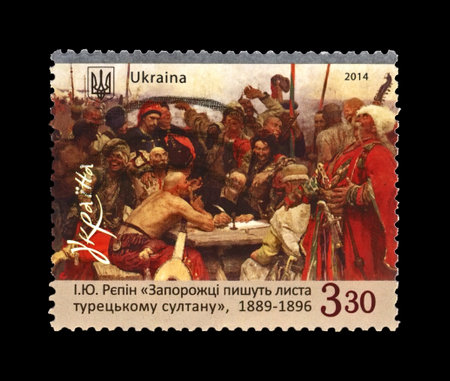 Cossacks reply to Soltan Mohammed (aka Cossacks write a letter to the Turkish Sultan) by painter Ilya Repin (1844-1930), circa 2014. vintage canceled post stamp printed in Ukraine isolated on black background.のeditorial素材