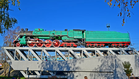 KIEV, UKRAINE - NOV 07, 2018: The Russian Soviet passenger steam locomotive class IS (Joseph Stalin) model IS20-578 on November 07, 2018 in Kiev, Ukraine. In total 649 IS series were manufactured in 1932-1942 but only one exist now. The 1st IS steam modelのeditorial素材