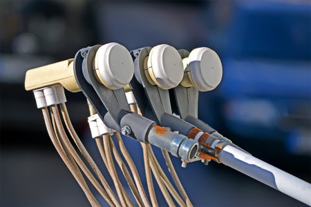 multi-feed satellite antenna with multiple feeds aka converters closeup, modern telecommunication...