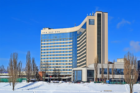 Hotel Slavutych on February 21, 2021 in Kiev, Ukraine. It was open in 1972 and have 16 floors with 400 rooms for tourists. 115 superior luxury quality rooms provided for visitors.のeditorial素材