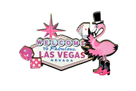 welcome to fabulous Las Vegas, Nevada, USA. Pink flamingo magnet with game cards in wings and fashionable shoes isolated on white background. Sin city, gambling entertainmentの写真素材