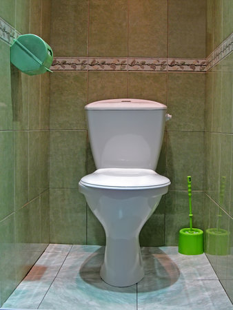 water closet aka lavatory room, modern restroom with white ceramics toilet and green brush on marble floor, everyday sanitary, daily hygiene, hygienics diversityの写真素材