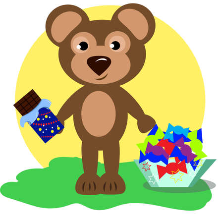 Teddy bear with chocolate and candies in the meadowのイラスト素材