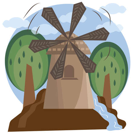 The mill stands on a hill, next to a stream. Modern, interesting landscape.のイラスト素材