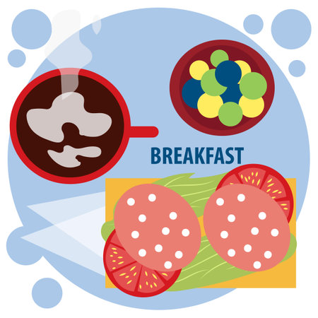 Bon Appetit! A Cup of coffee with cream, a sandwich and candy. Vector illustration.のイラスト素材