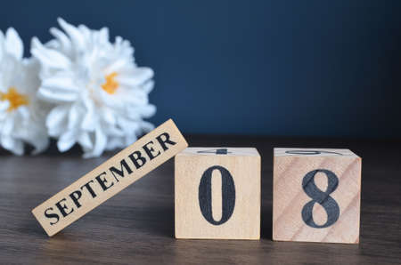 September 8, Date cover design with calendar cube and white Paeonia flower on wooden table and blue background.の写真素材