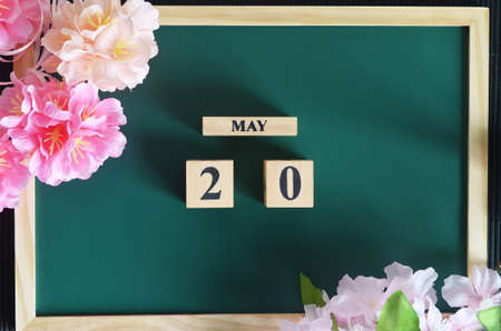 May 20, Japanese Cover, Number cube with sakura flower on the wood green board.の写真素材