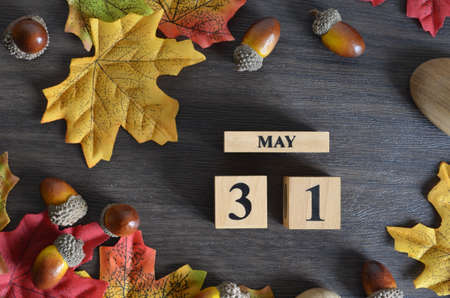 May 31, Cover Date design with Calendar cube decorate with maple leaf and Acorn Oak seed for your business.の写真素材