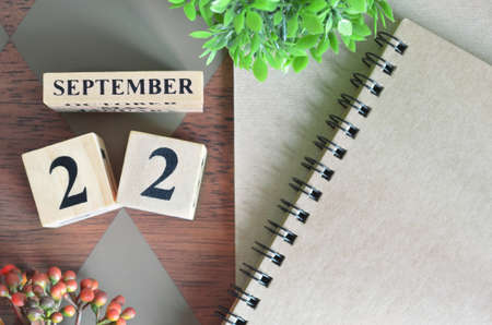 September 22. Date of September month. Number Cube with a flower and notebook on Diamond wood table for the background.の写真素材