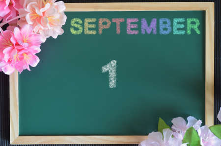 September 1, month write with colorful chalk, flowers on the green board.の写真素材