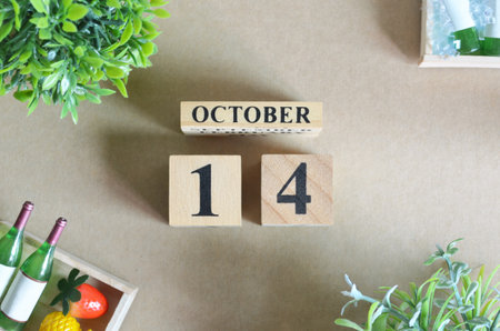 October 14, Background Design with number cube strawberry pineapple and wine in the natural concept.の写真素材