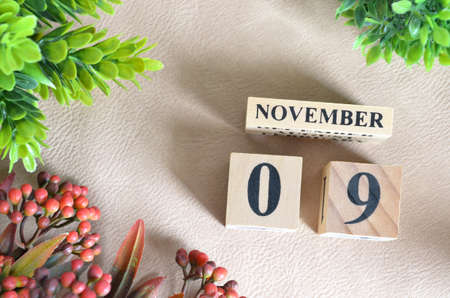 November 9. Number cube in natural concept on white leather for the backgroundの写真素材