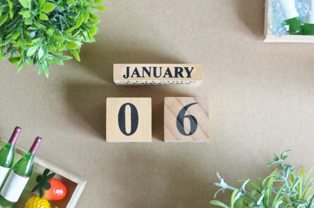 January 6, Empty Background, Design with number cube strawberry pineapple and wine in the natural concept.の写真素材