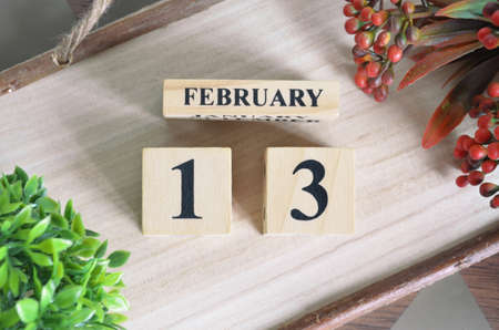 February 13. Date of February month. Number Cube with a flower and Sign wood on Diamond wood table for the background.の写真素材