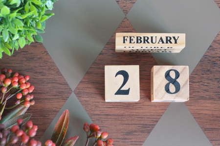 February 28. Date of February month. Number Cube with a flower and leaves on Diamond wood table for the backgroundの写真素材