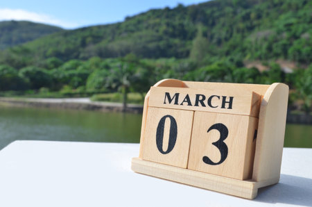 March 3, Date design with number cube on white table, cover design in the natural concept.の写真素材