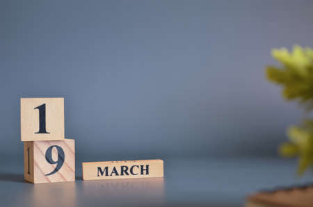 March 19, Cover in the evening time, Date Design with number cube for a background.の写真素材