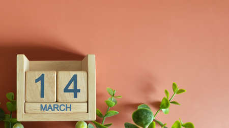 March 14, Date design with calendar cube and leaf on orange background.の写真素材