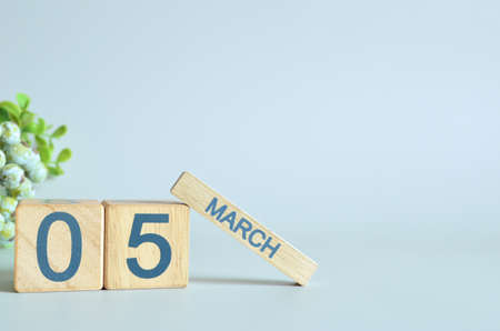 March 5, Calendar cover design with number cube with green fruit on blue background.の写真素材