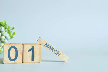 March 1, Calendar cover design with number cube with green fruit on blue background.の写真素材