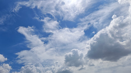 Blue sky and white clouds background.Sky clouds.Sky with clouds weather nature cloud blue.の写真素材