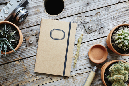 dsigner desk industrial wood analog camera cacti and retro notebookの写真素材