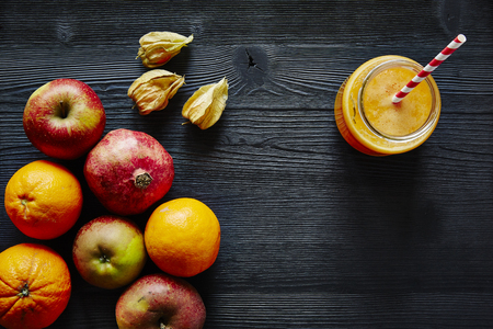 apple orange pomegranate healthy organic juiceの写真素材