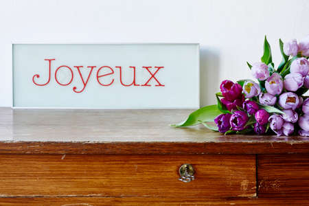 atmospheric kitchen scene with tulipsの写真素材