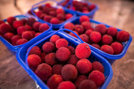 Chinese bayberries in the basketの写真素材