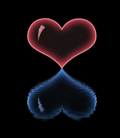 Bright neon heart. Reflection in the water.の写真素材