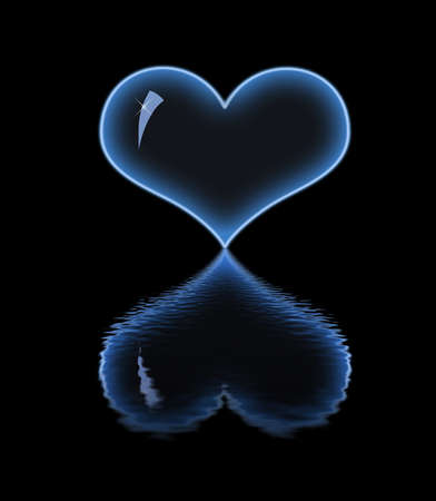 Bright neon heart. Reflection in the water.の写真素材