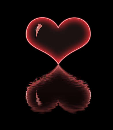 Bright neon heart. Reflection in the water.の写真素材